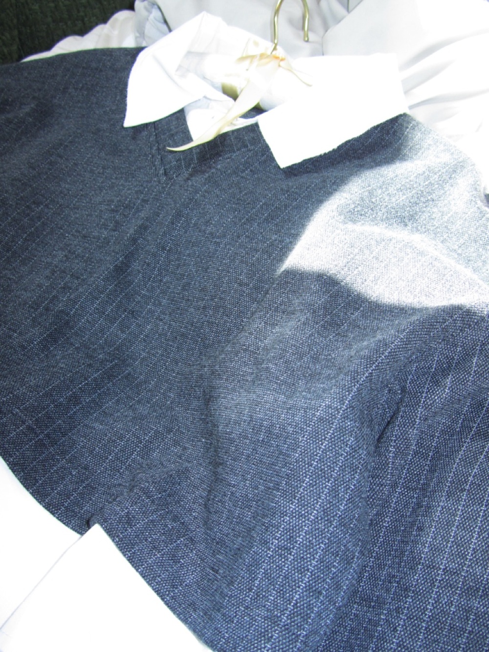 Zara Black Pinstripe V-Neck Sweater with Attached White Collar - Picture 3 of 7